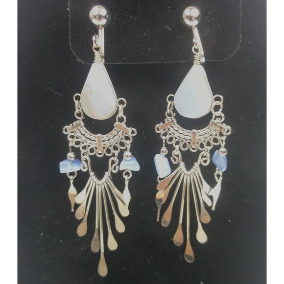 Vintage Necklace Clip Earrings Set Filigree Chandelier Blue Stones Silver Tone - Picture 4 of 4